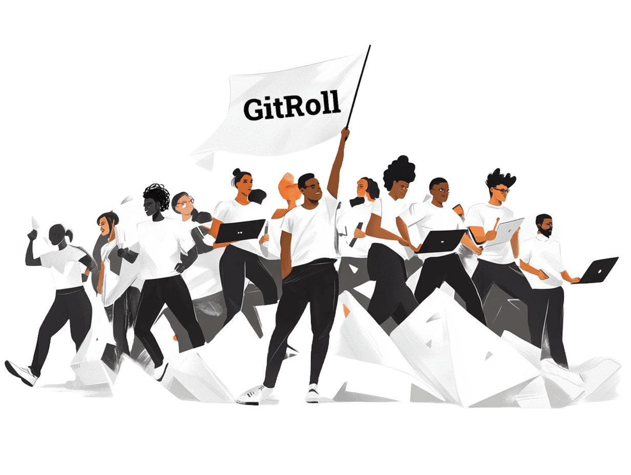 Illustration of developers with GitRoll flag